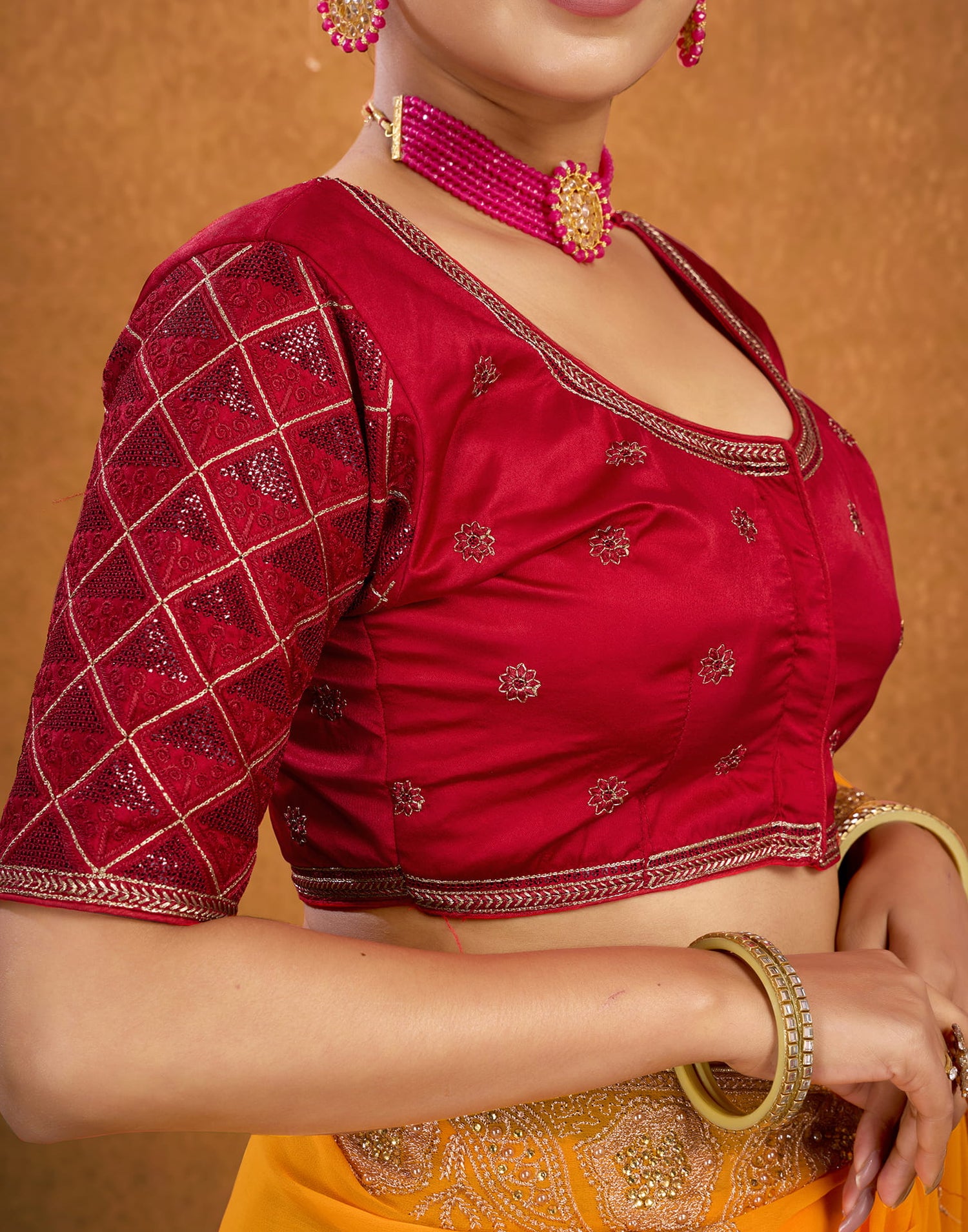 Red Silk Plain Embroidery Blouse