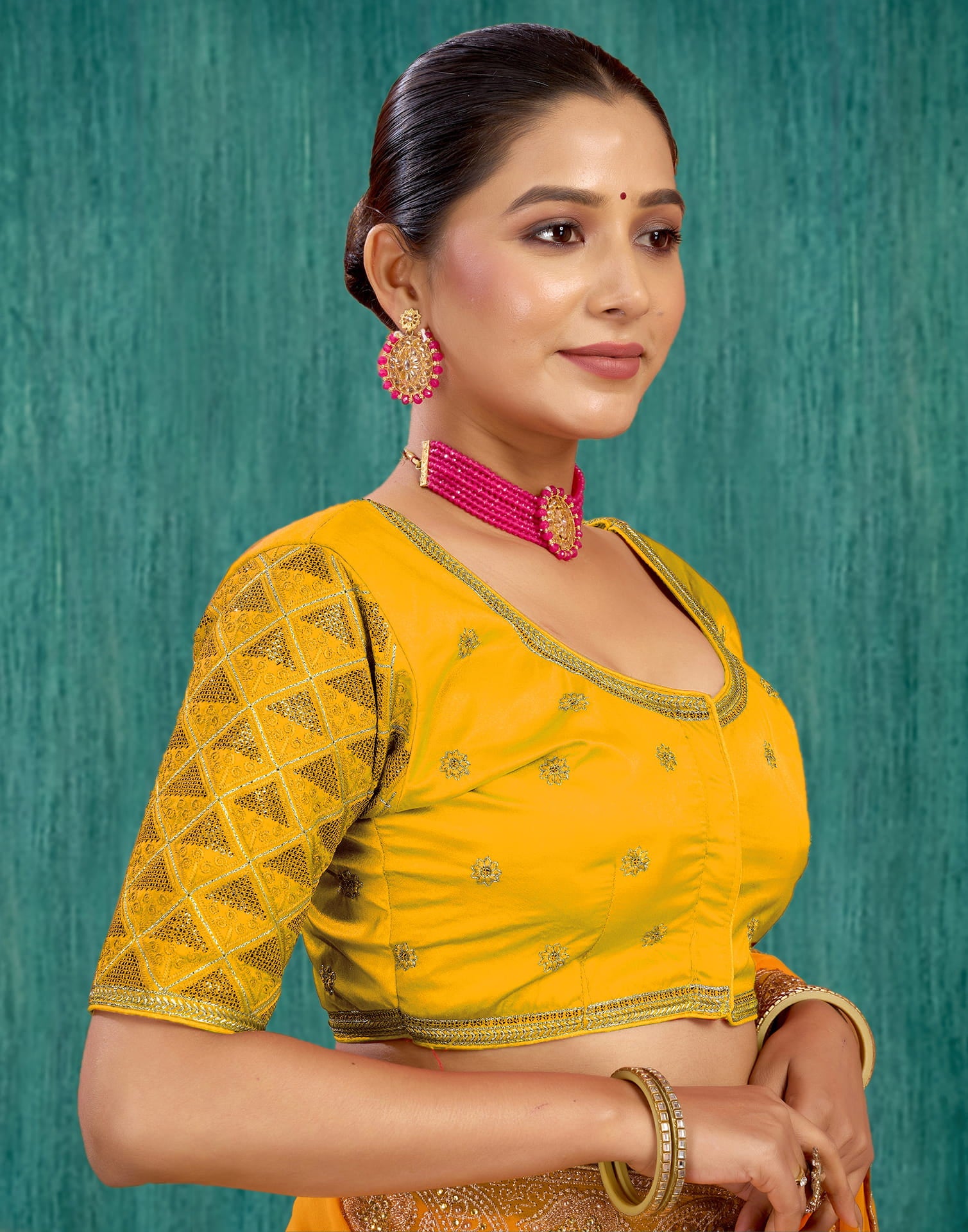 Yellow Silk Plain Embroidery Blouse