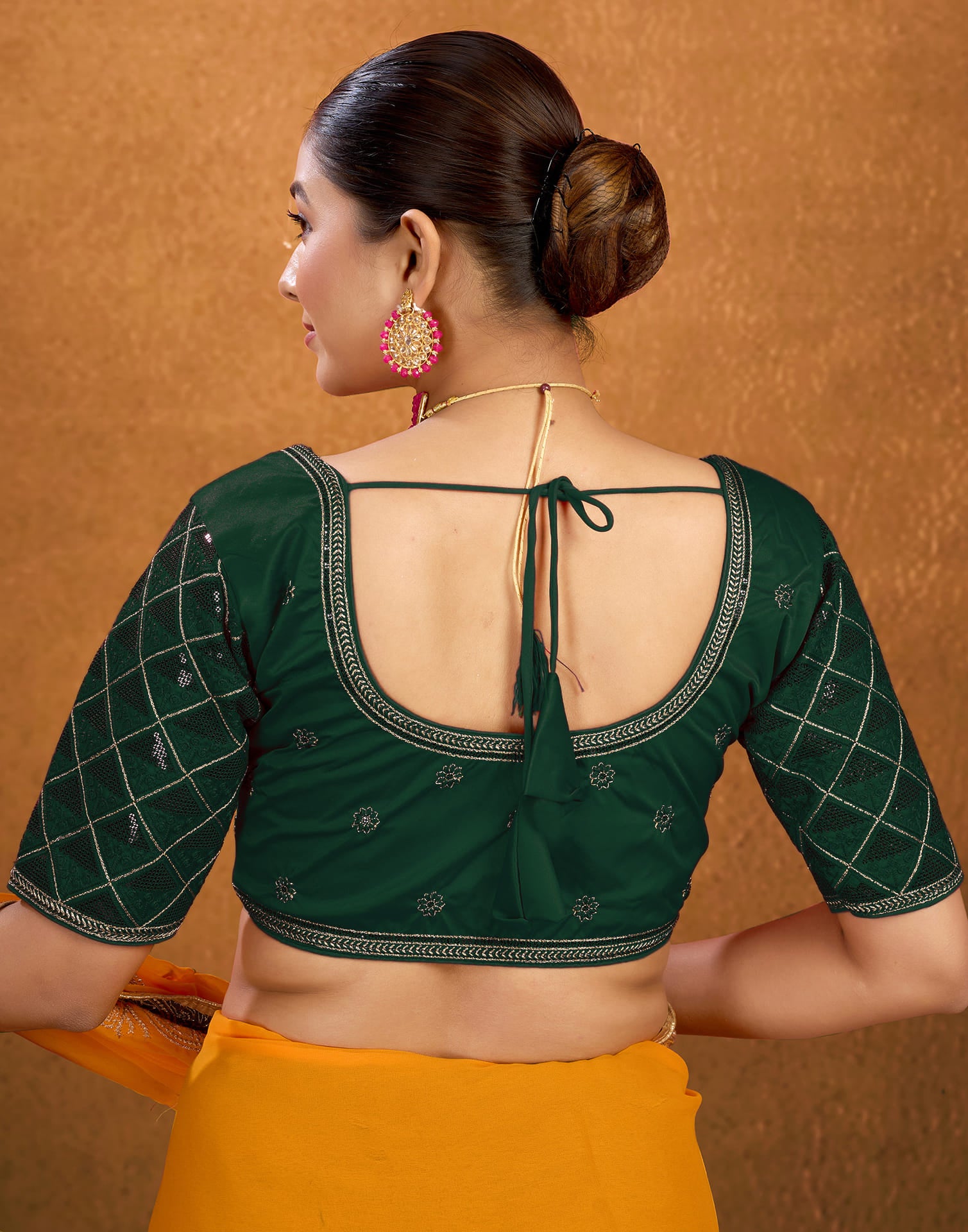 Dark Green Silk Plain Embroidery Blouse