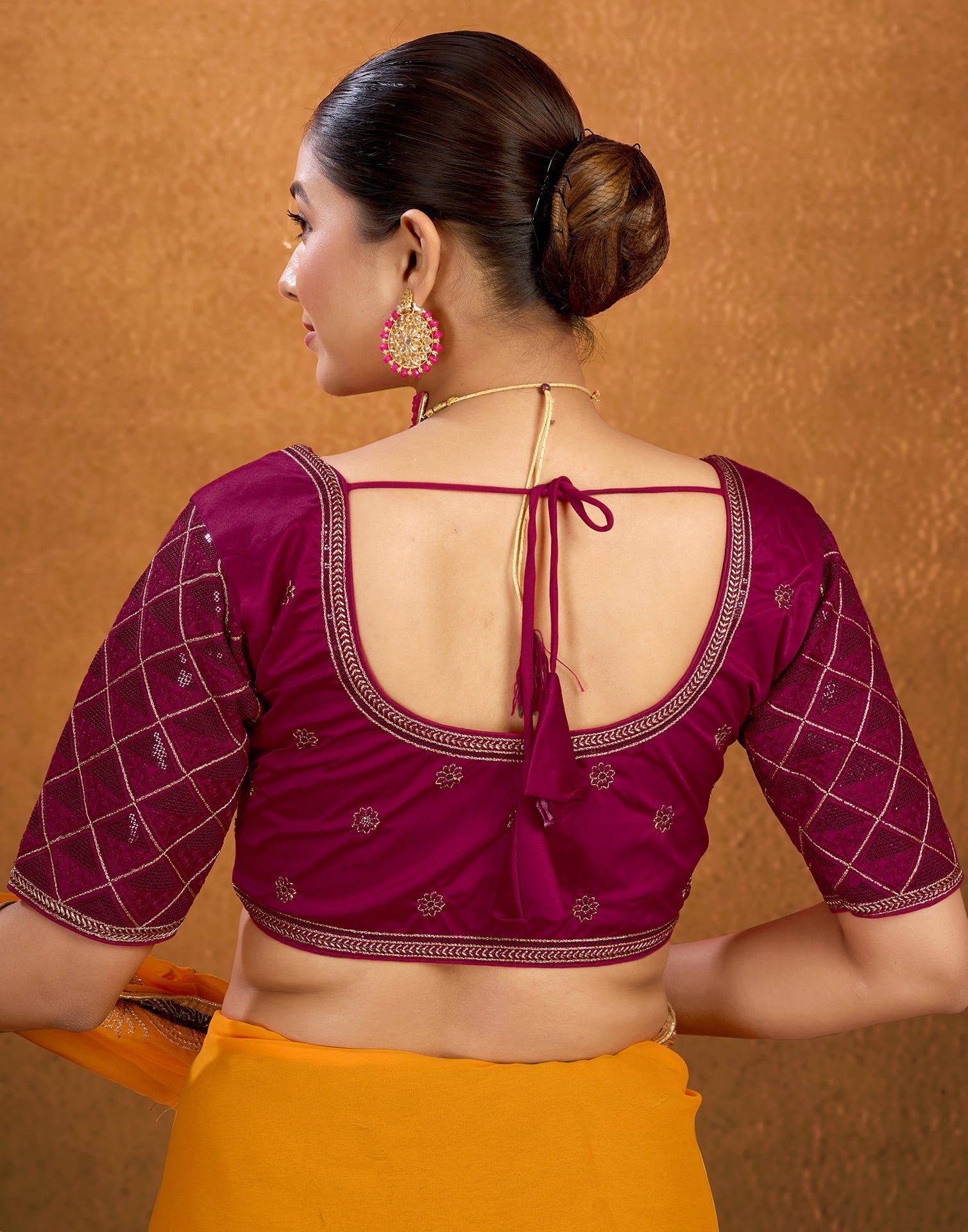 Dark Pink Silk Plain Embroidery Blouse