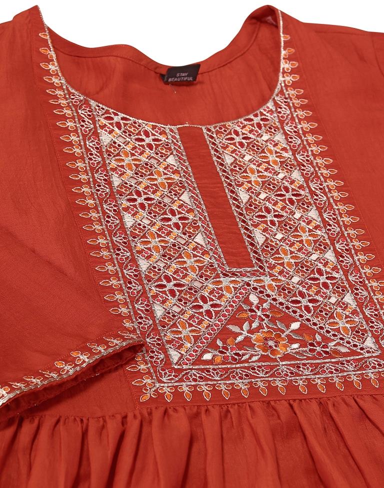 Orange Chinnon Embroidery Flared Kurta Kurti With Pant And Dupatta | Leemboodi