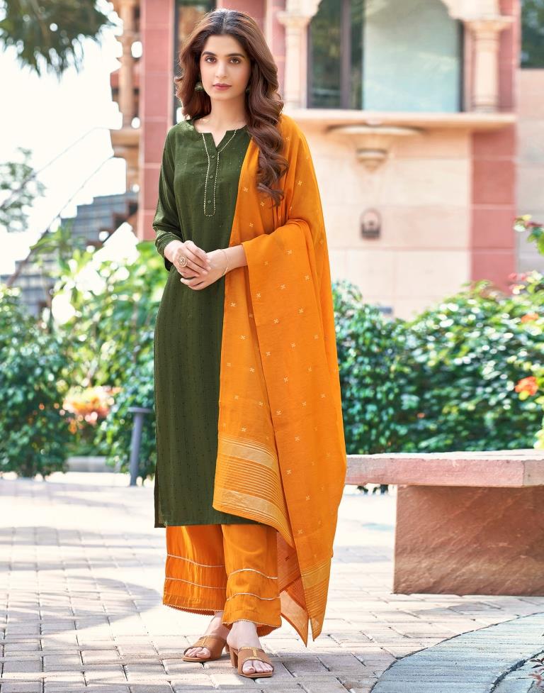 Mehndi Green Plain Chinnon Straight Kurta Set With Dupatta