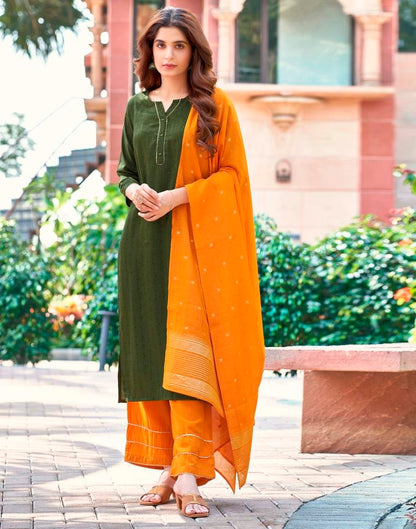 Mehndi Green Plain Chinnon Straight Kurta Set With Dupatta