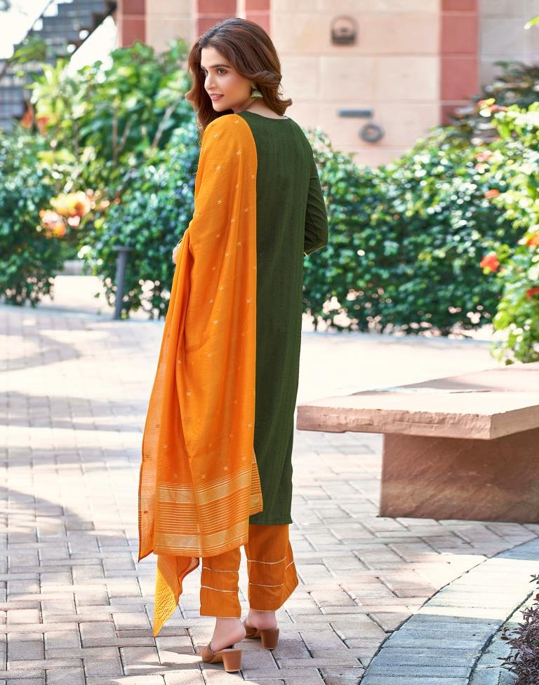 Mehndi Green Plain Chinnon Straight Kurta Set With Dupatta