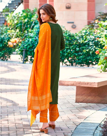 Mehndi Green Plain Chinnon Straight Kurta Set With Dupatta