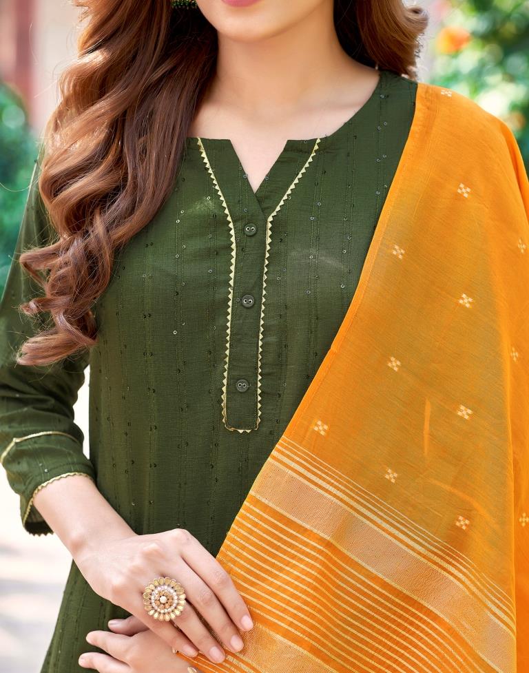 Mehndi Green Plain Chinnon Straight Kurta Set With Dupatta