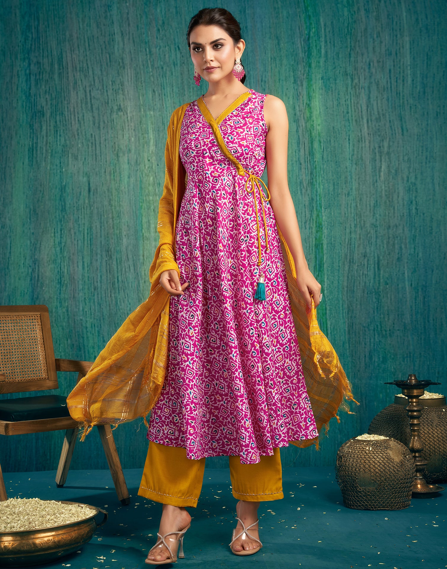 Pink Cotton Printed Flared Kurta With Pant And Dupatta