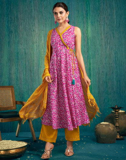 Pink Cotton Printed Flared Kurta With Pant And Dupatta