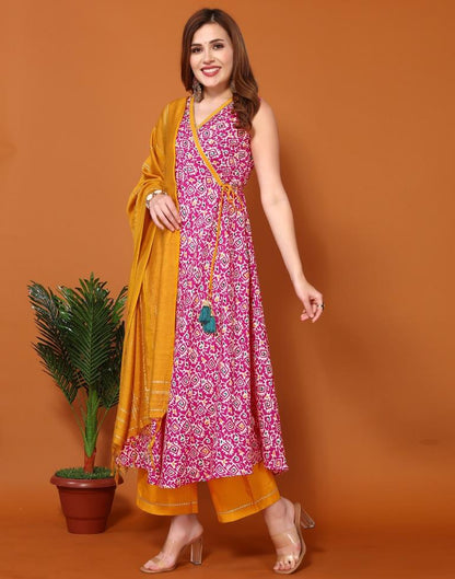 Pink Cotton Printed Flared Kurta Kurti With Pant And Dupatta | Leemboodi