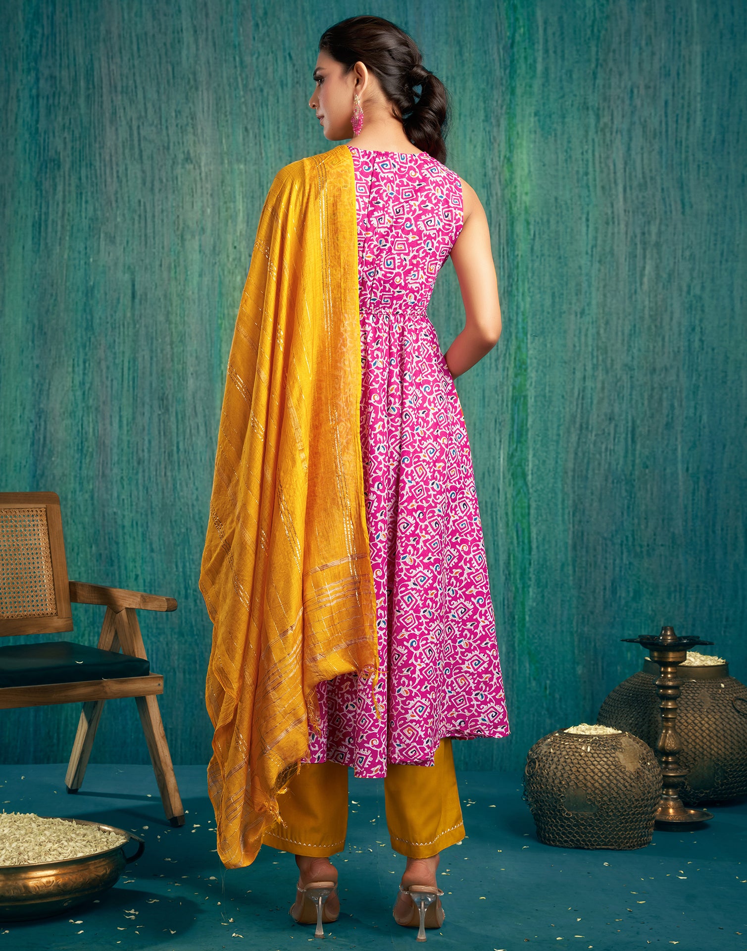 Pink Cotton Printed Flared Kurta With Pant And Dupatta