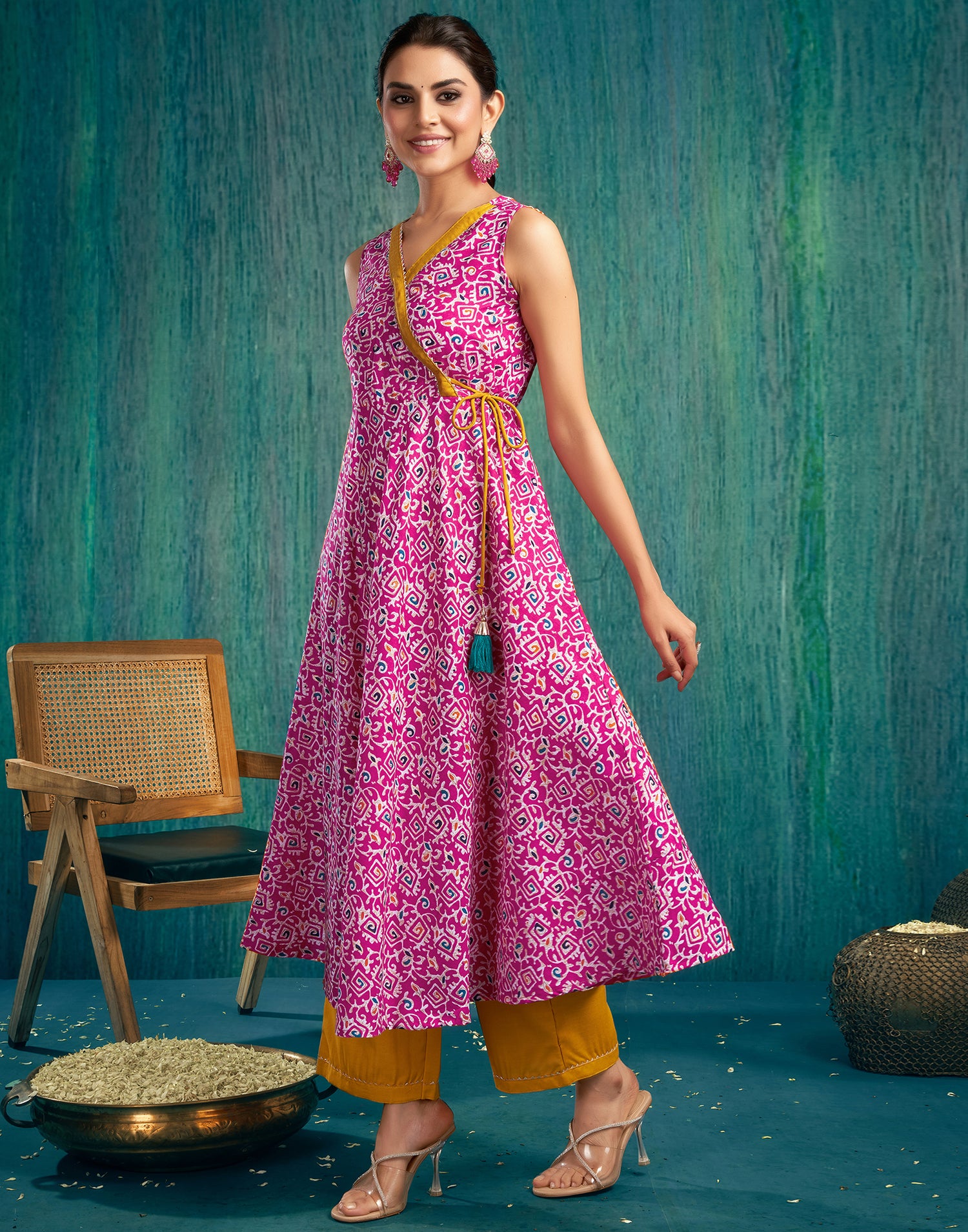 Pink Cotton Printed Flared Kurta With Pant And Dupatta