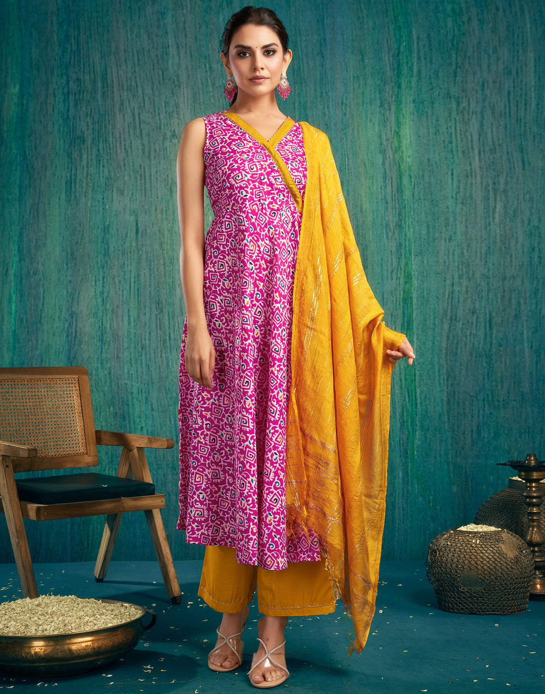 Pink Cotton Printed Flared Kurta With Pant And Dupatta