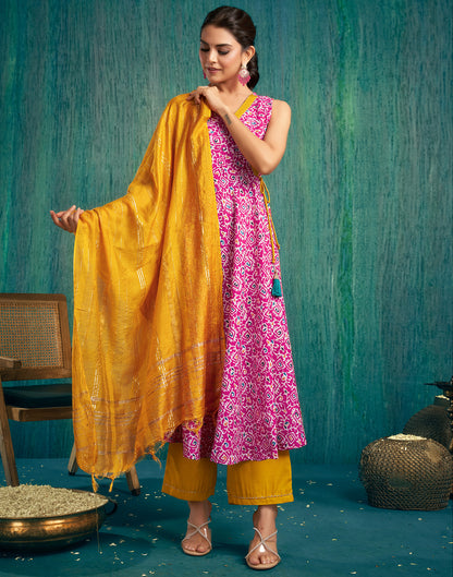 Pink Cotton Printed Flared Kurta With Pant And Dupatta