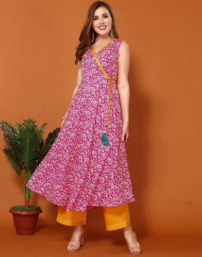 Pink Cotton Printed Flared Kurta Kurti With Pant And Dupatta | Leemboodi