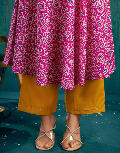 Pink Cotton Printed Flared Kurta With Pant And Dupatta