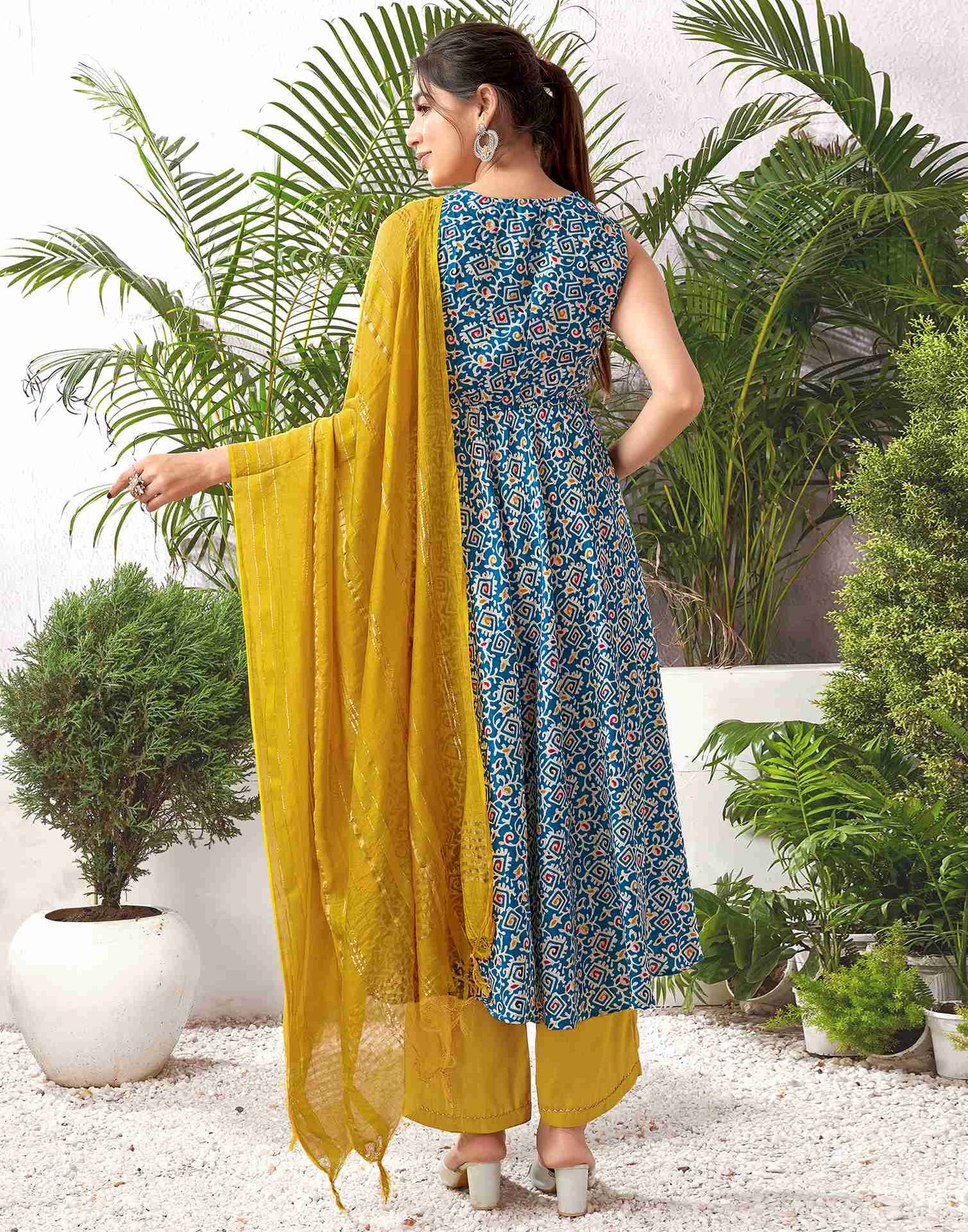 Teal Blue Cotton Printed Flared Kurta Set With Dupatta