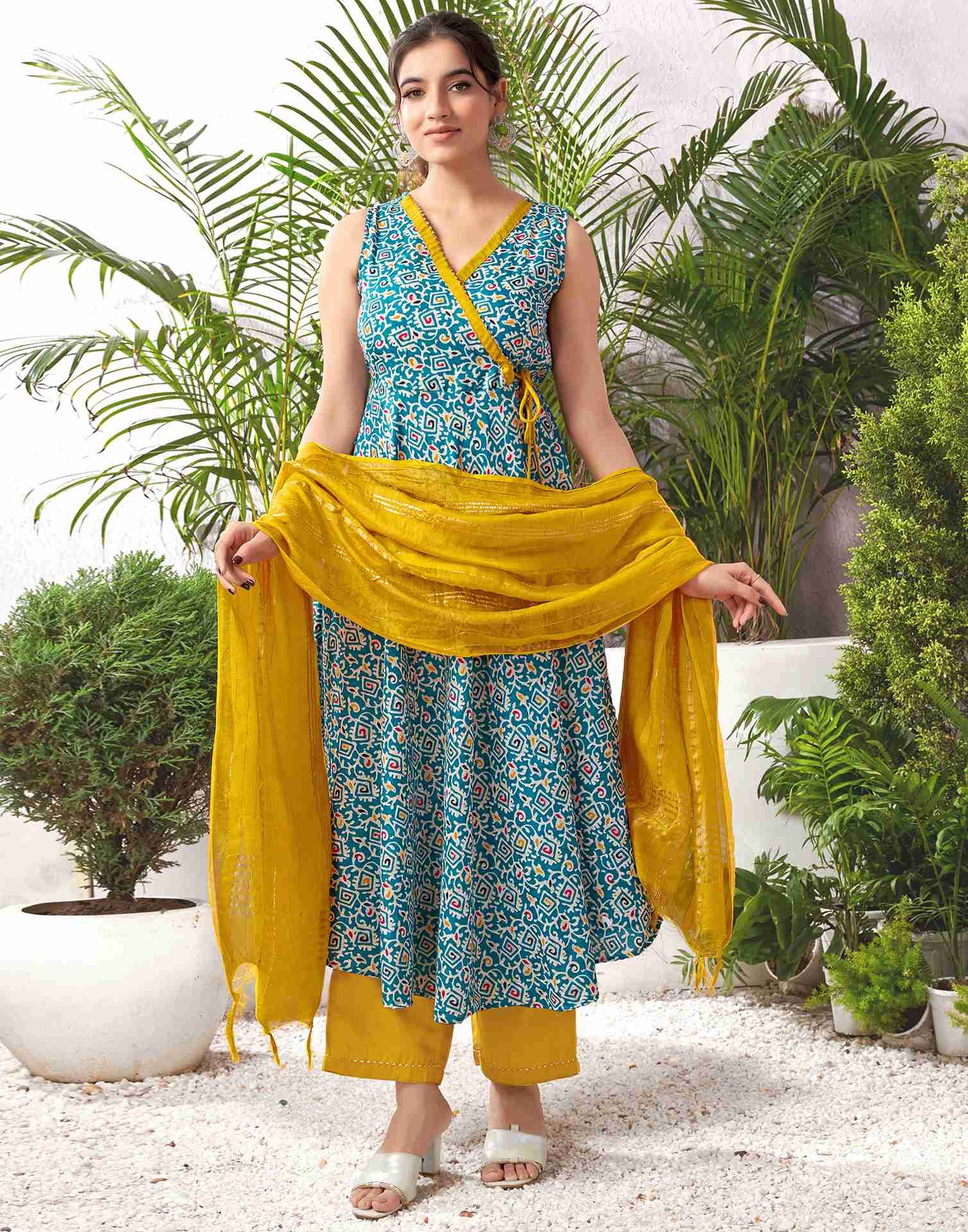 Teal Blue Cotton Printed Flared Kurta Set With Dupatta