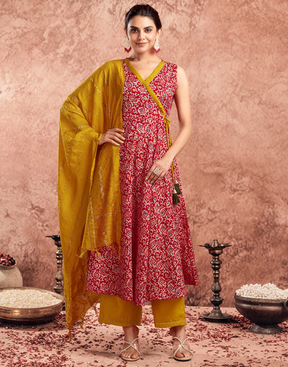 Red Cotton Printed Flared Kurta Set With Dupatta