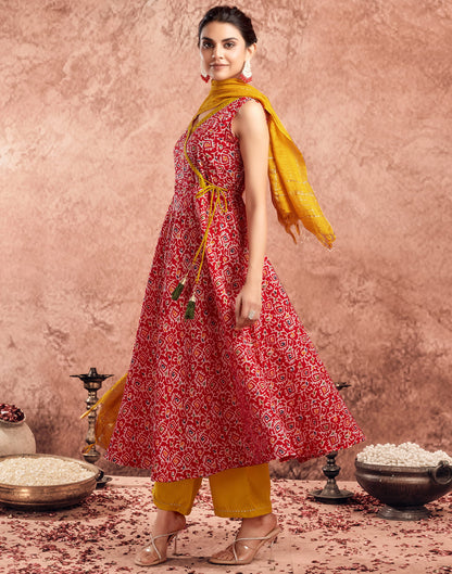 Red Cotton Printed Flared Kurta Set With Dupatta