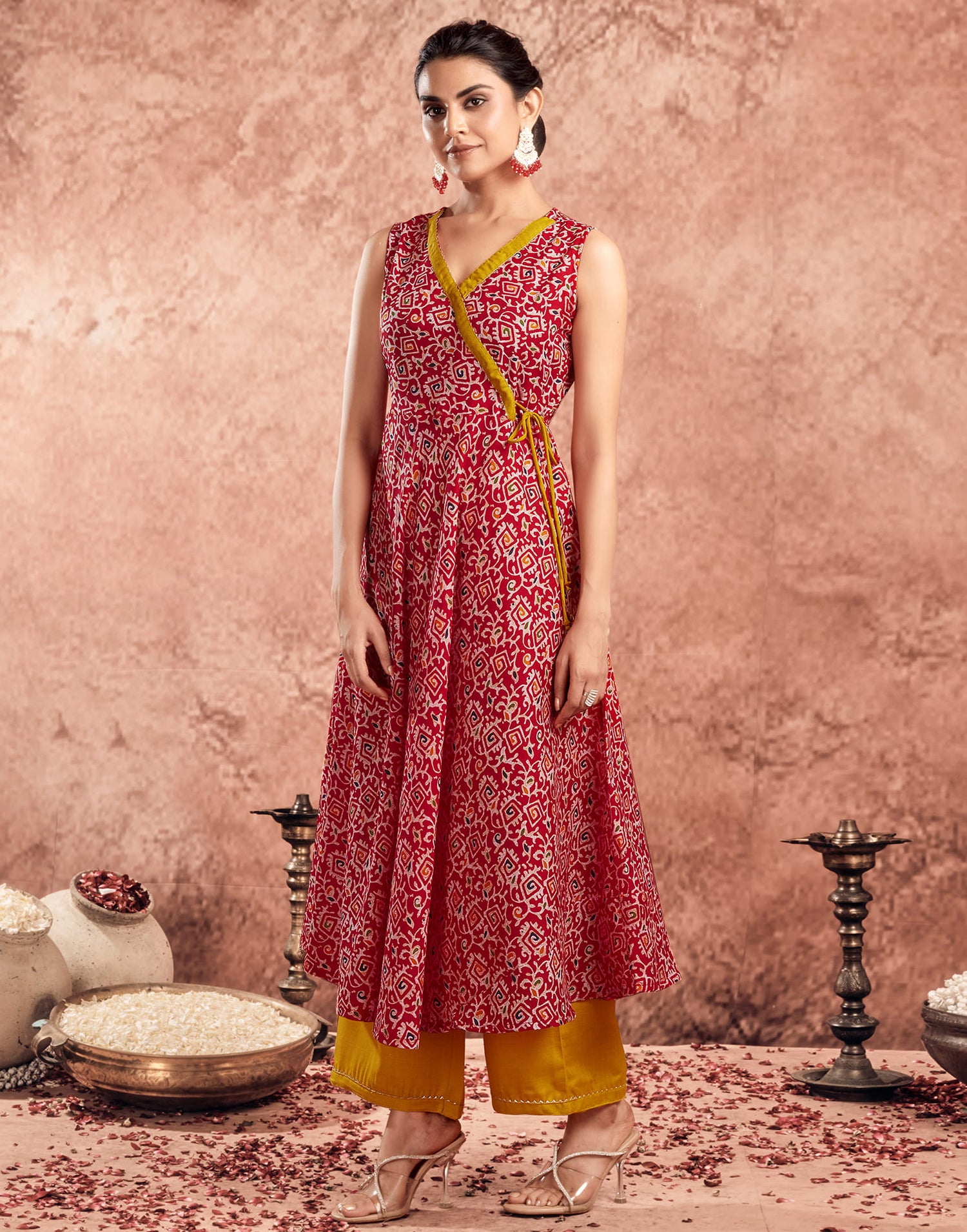 Red Cotton Printed Flared Kurta Set With Dupatta