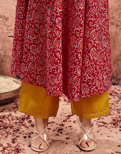 Red Cotton Printed Flared Kurta Set With Dupatta