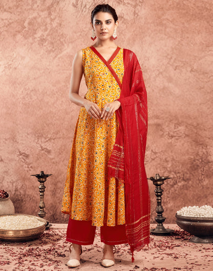 Yellow Cotton Printed Flared Kurta Set With Dupatta