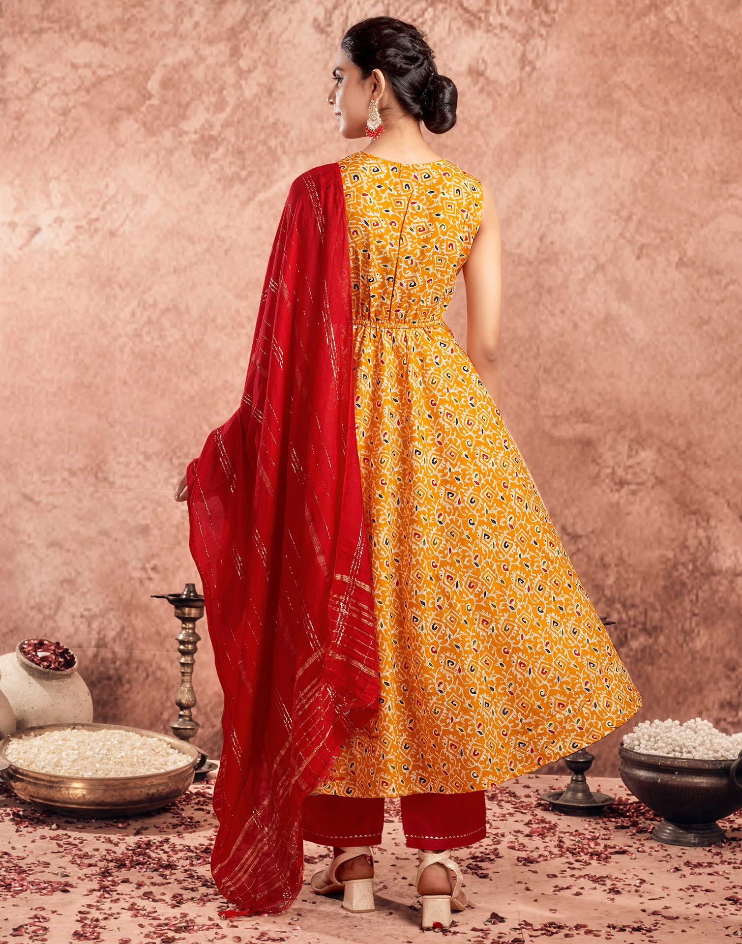 Yellow Cotton Printed Flared Kurta Set With Dupatta