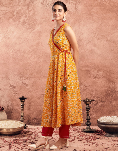 Yellow Cotton Printed Flared Kurta Set With Dupatta