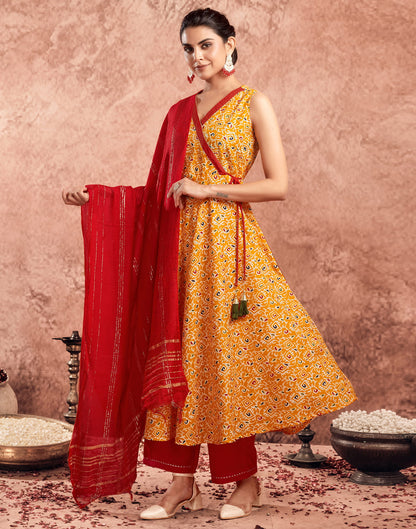 Yellow Cotton Printed Flared Kurta Set With Dupatta