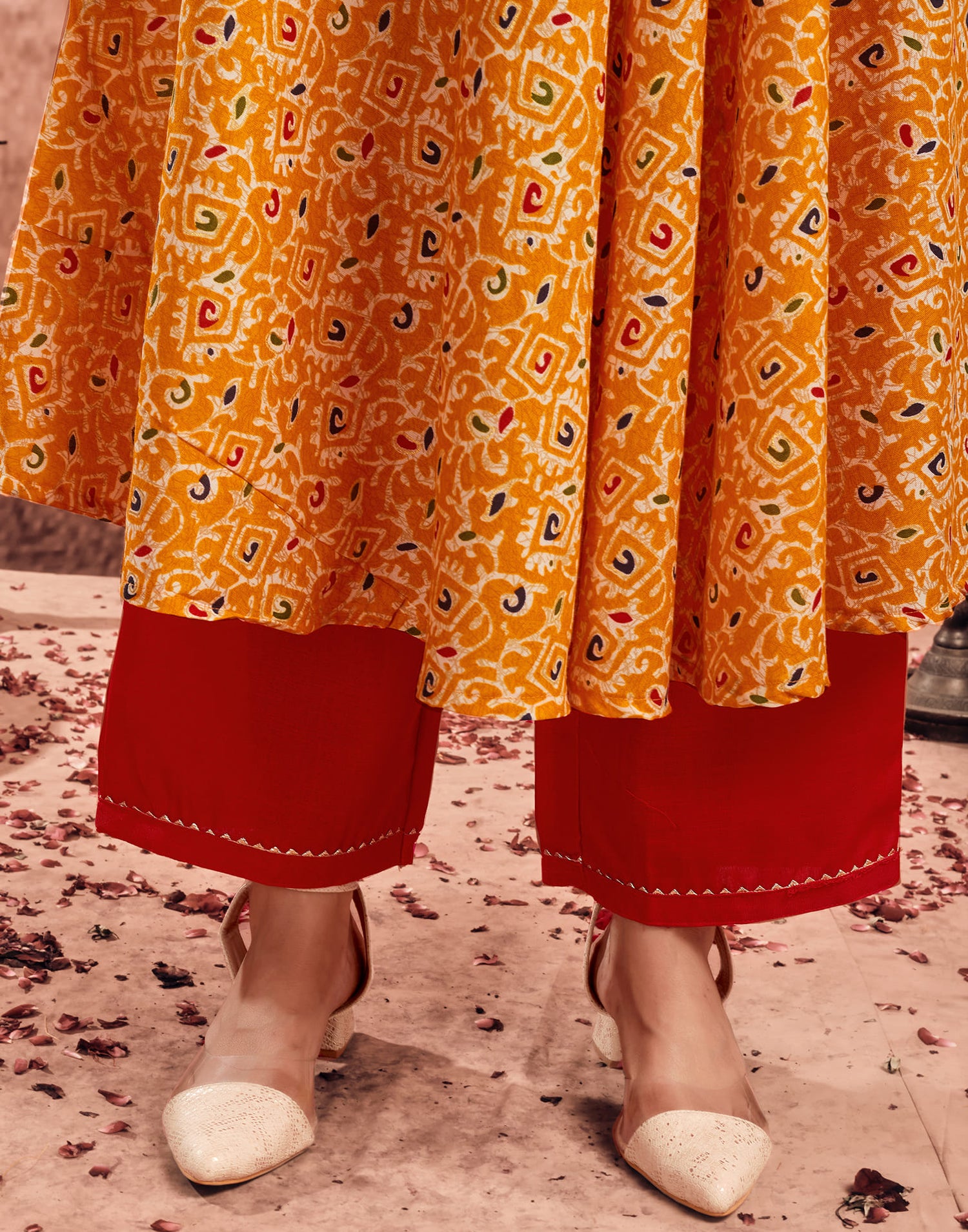 Yellow Cotton Printed Flared Kurta Set With Dupatta