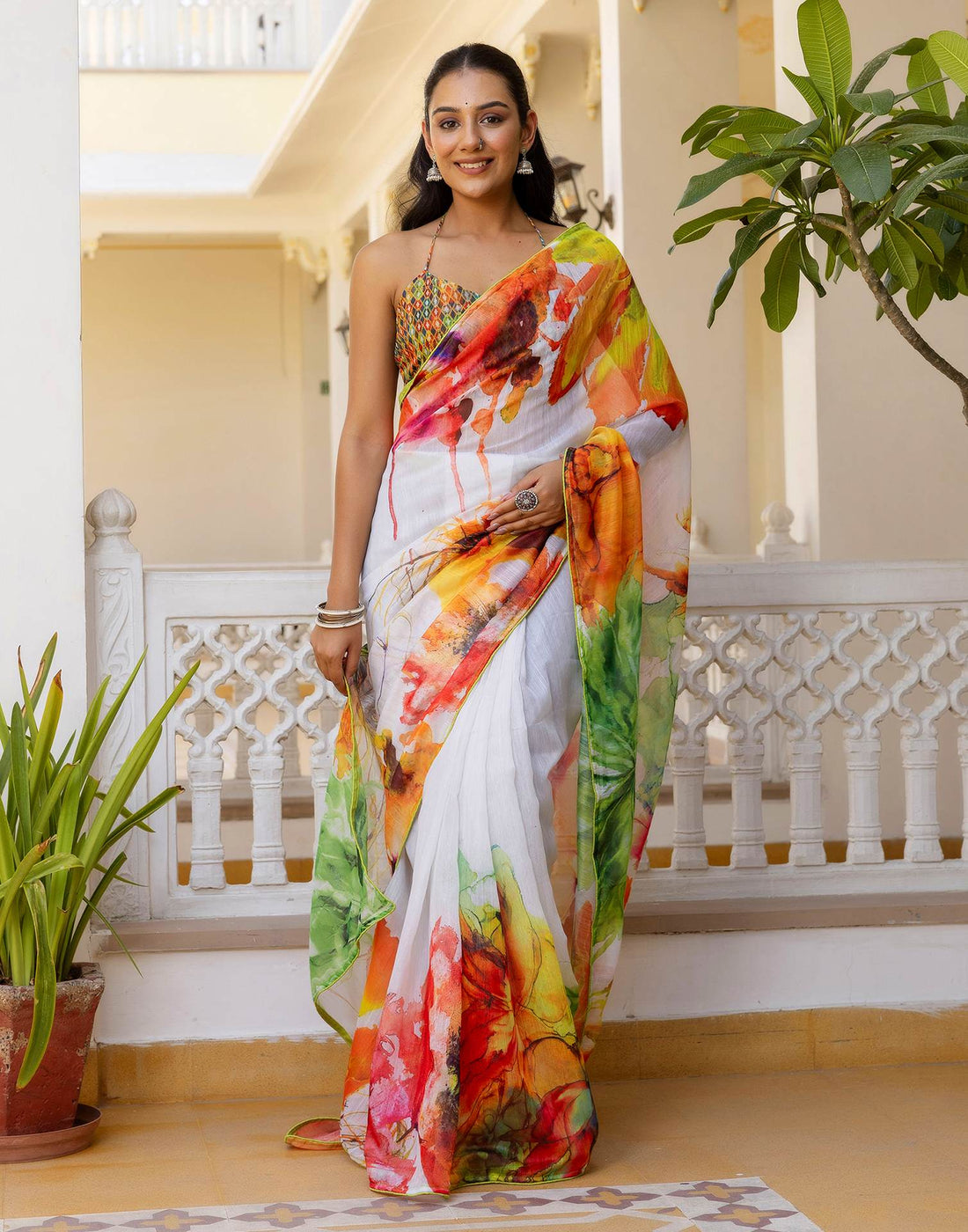 Ready To Wear White Cotton Floral Printed Saree