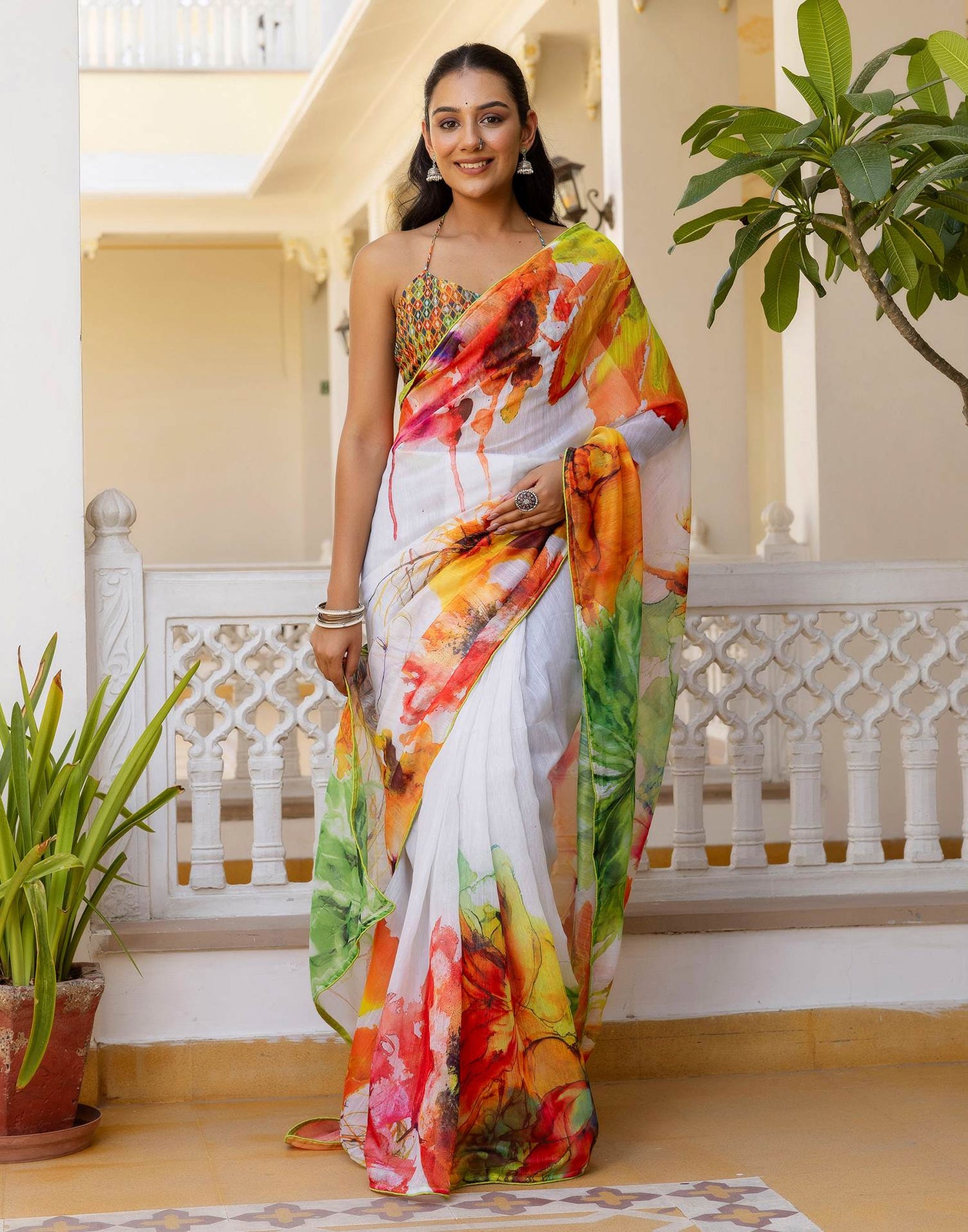 Ready To Wear White Cotton Floral Printed Saree