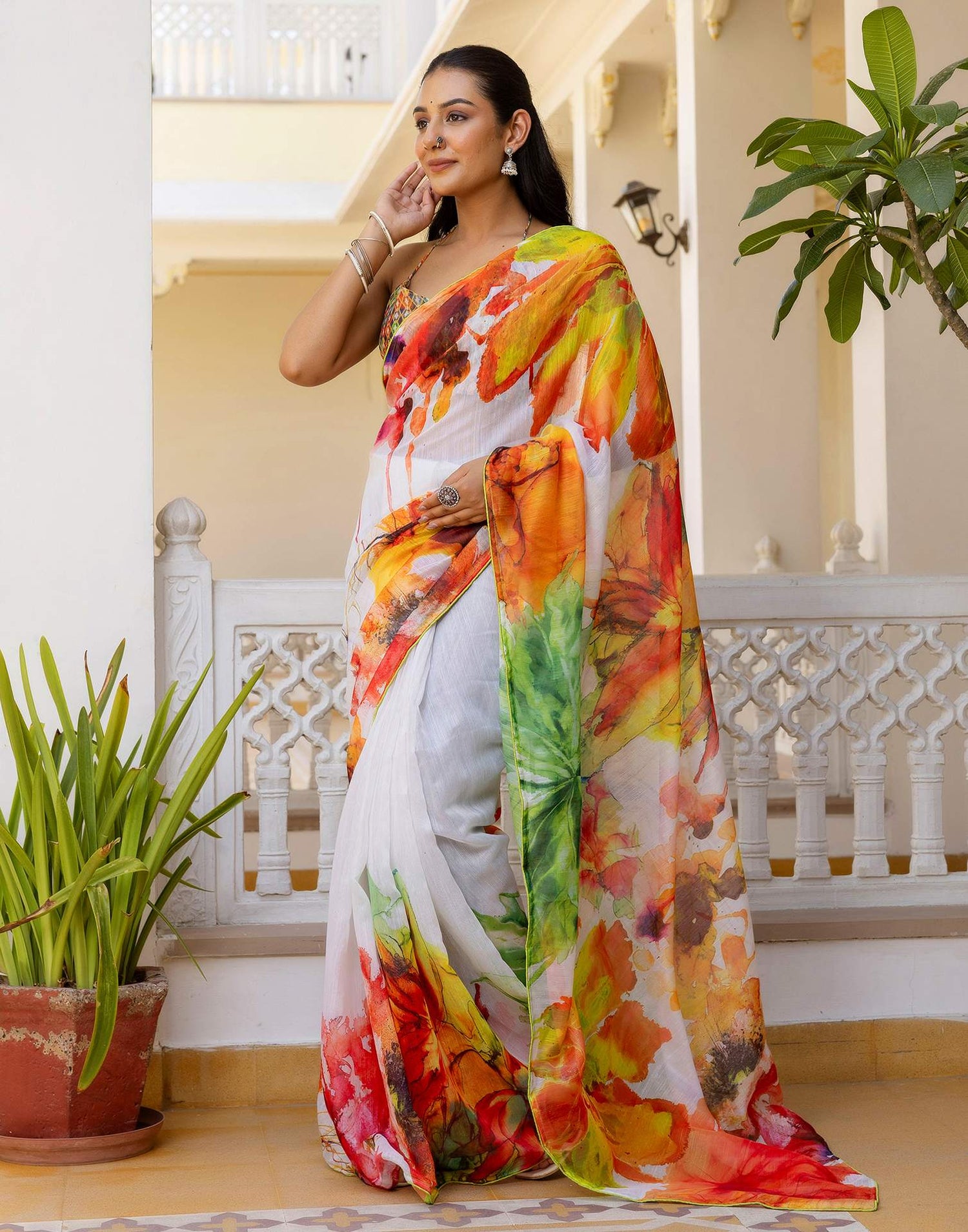 Ready To Wear White Cotton Floral Printed Saree