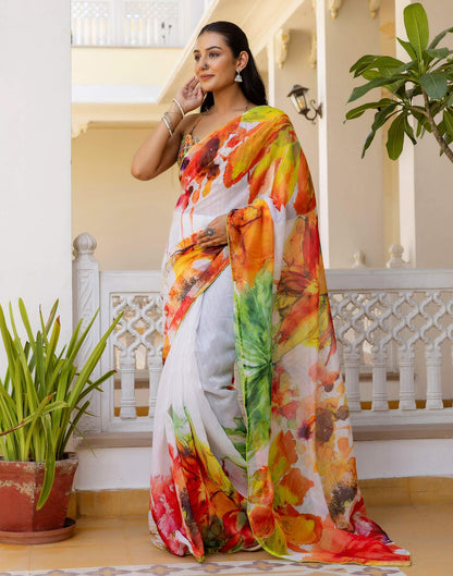 Ready To Wear White Cotton Floral Printed Saree