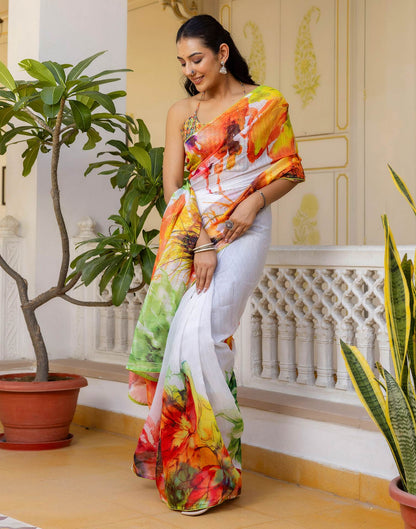 Ready To Wear White Cotton Floral Printed Saree