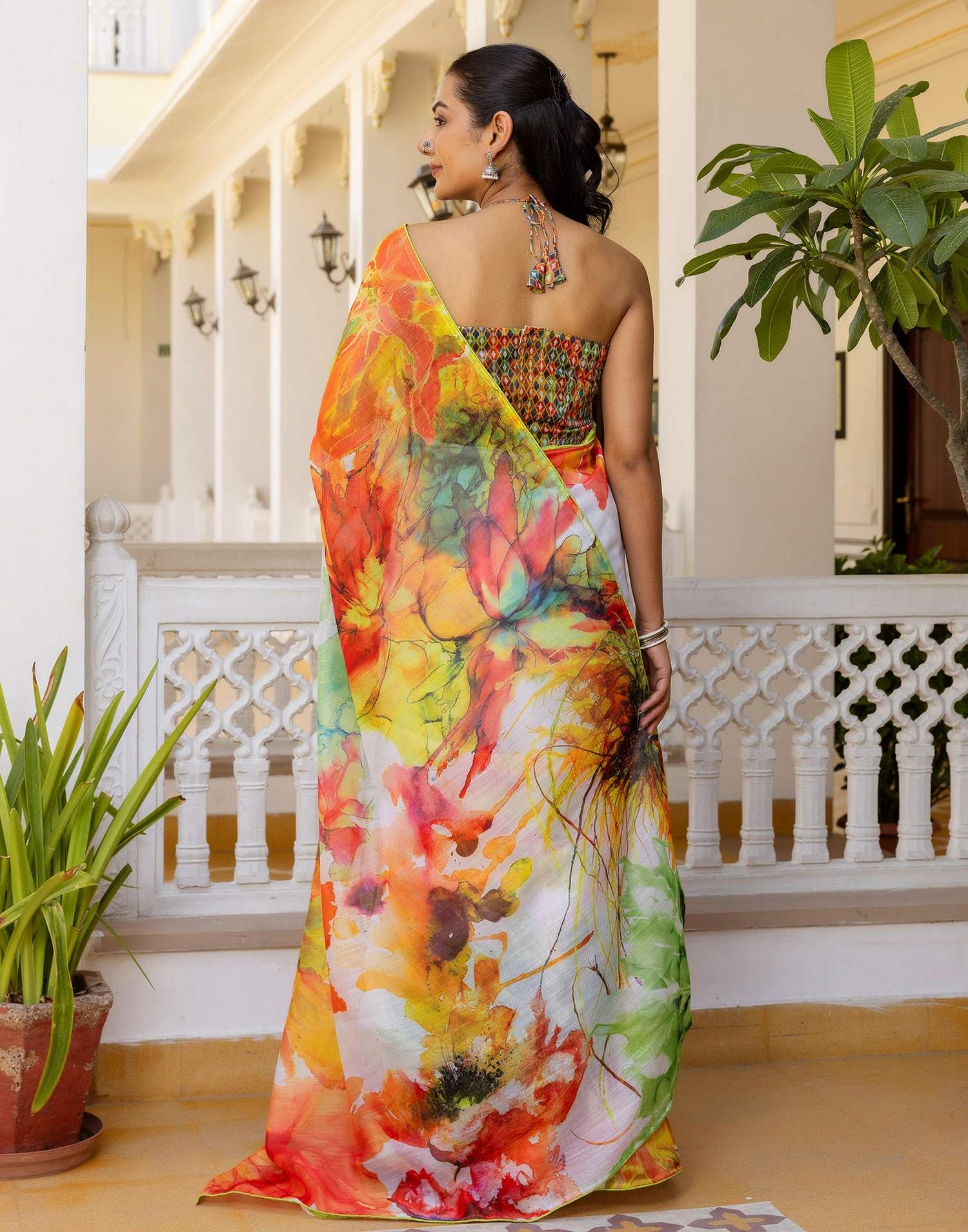 Ready To Wear White Cotton Floral Printed Saree