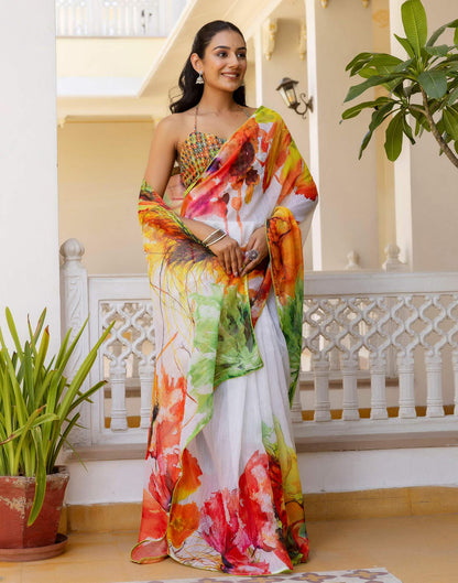 Ready To Wear White Cotton Floral Printed Saree