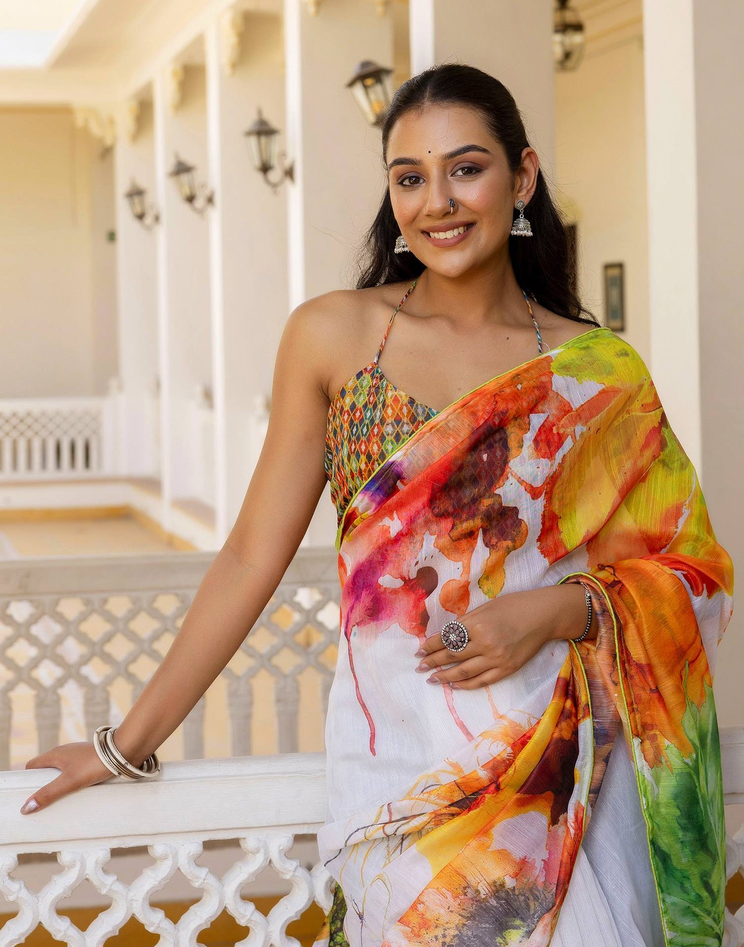 Ready To Wear White Cotton Floral Printed Saree