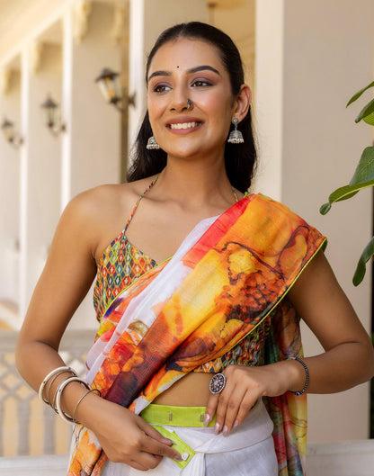 Ready To Wear White Cotton Floral Printed Saree