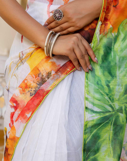 Ready To Wear White Cotton Floral Printed Saree