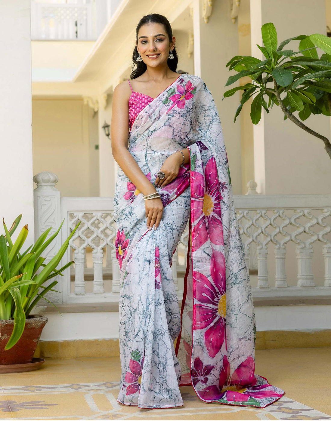 Ready To Wear White Cotton Floral Printed Saree