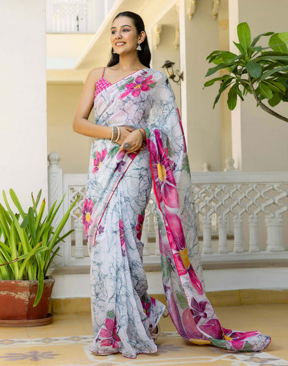 Ready To Wear White Cotton Floral Printed Saree
