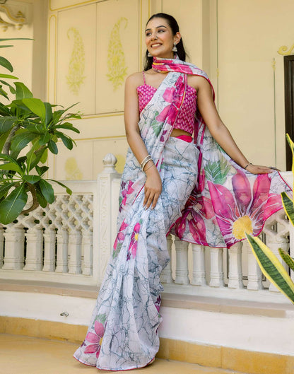 Ready To Wear White Cotton Floral Printed Saree