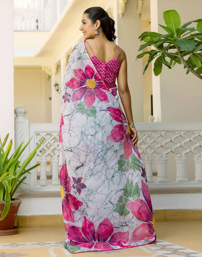 Ready To Wear White Cotton Floral Printed Saree