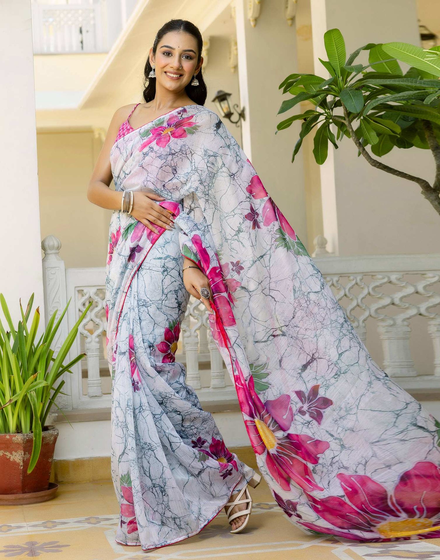 Ready To Wear White Cotton Floral Printed Saree