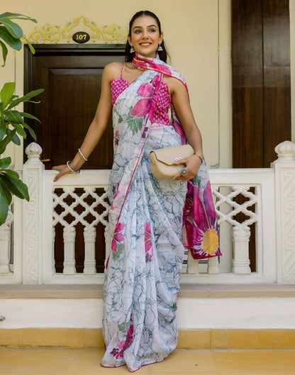 Ready To Wear White Cotton Floral Printed Saree