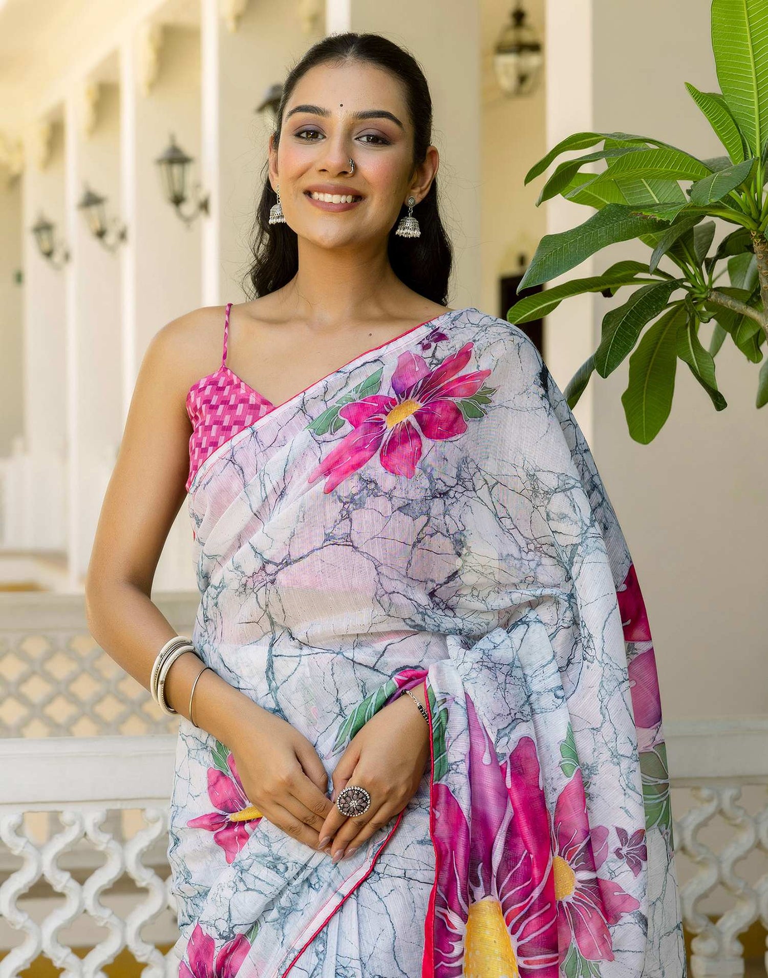 Ready To Wear White Cotton Floral Printed Saree
