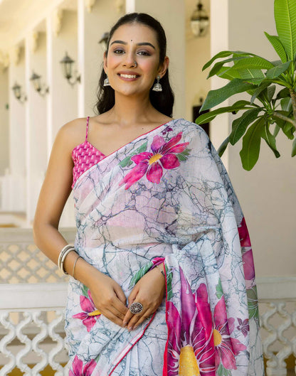 Ready To Wear White Cotton Floral Printed Saree