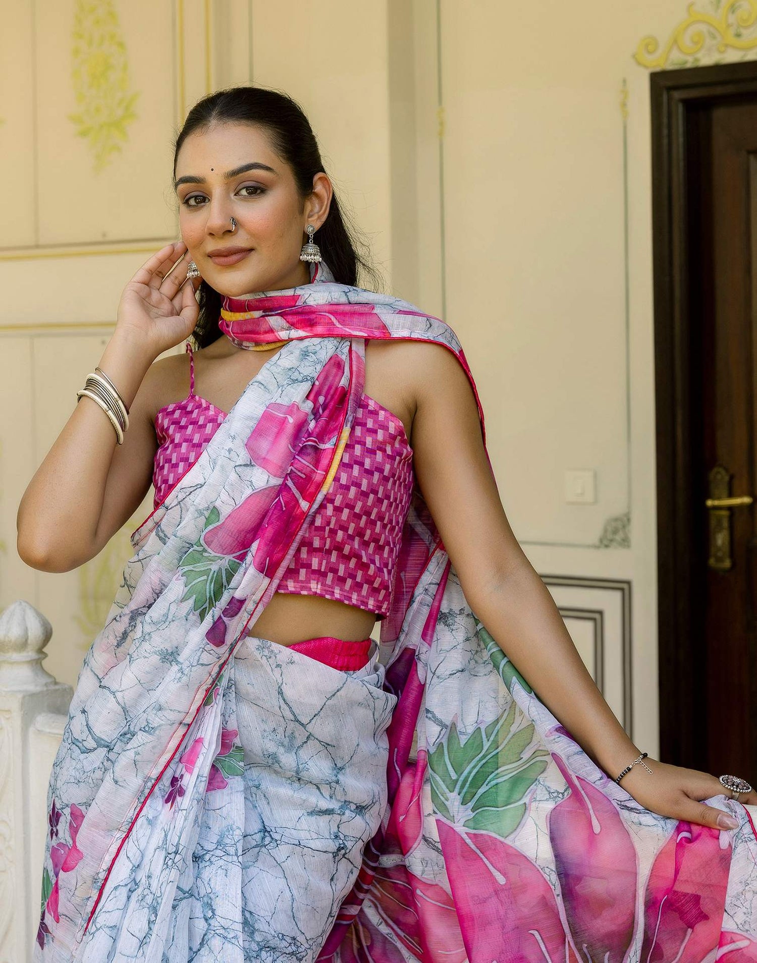 Ready To Wear White Cotton Floral Printed Saree