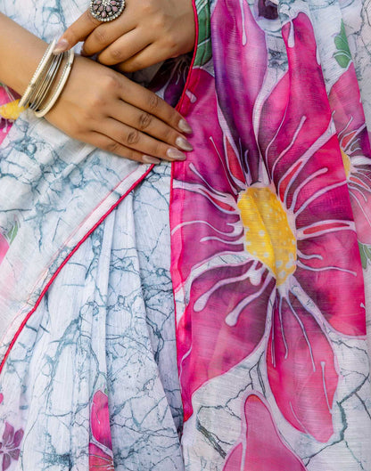 Ready To Wear White Cotton Floral Printed Saree